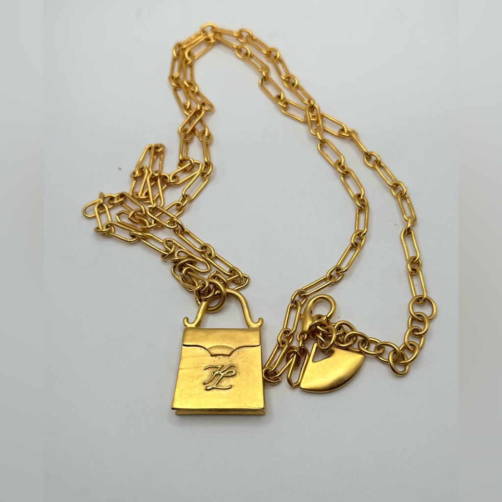 Karl Lagerfeld Handbag Logo Pendant On 40 In Long Necklace Vintage 1980s Signed 495$